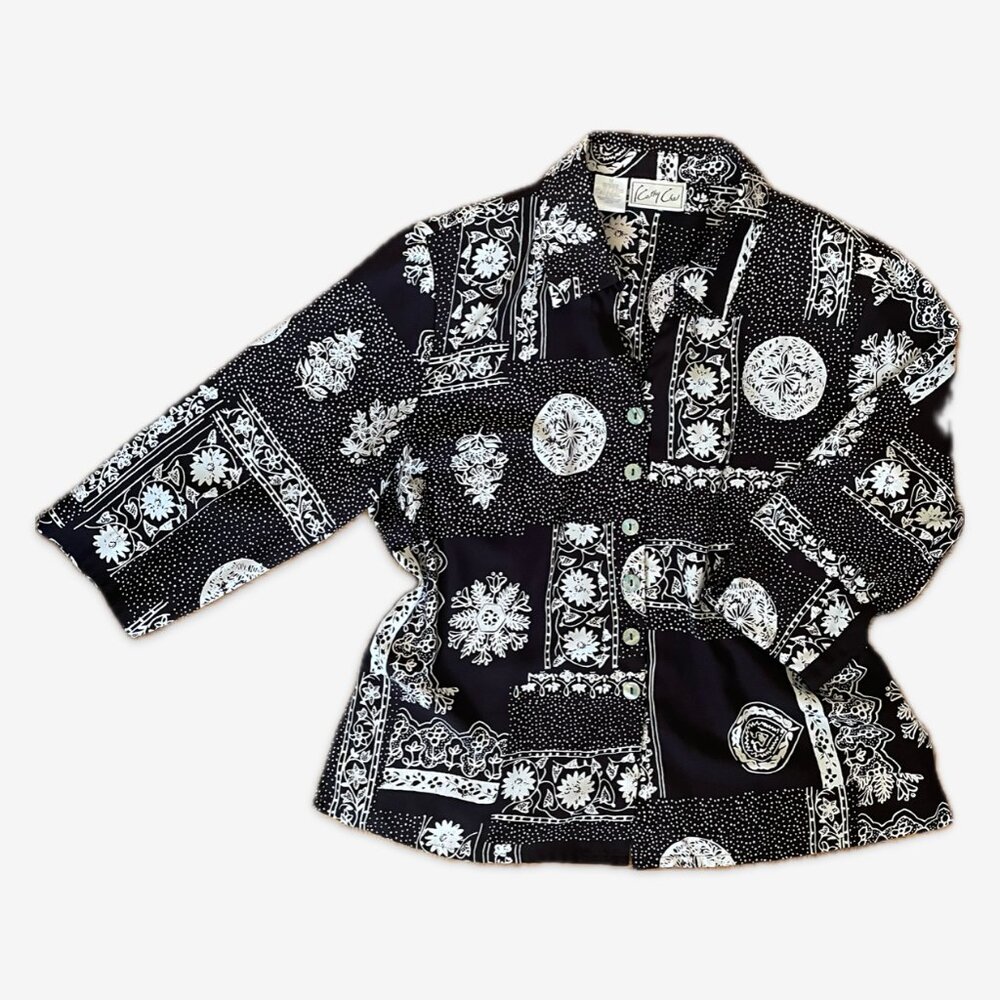 Kathy Che vintage black blouse with really cool design all over size 12
